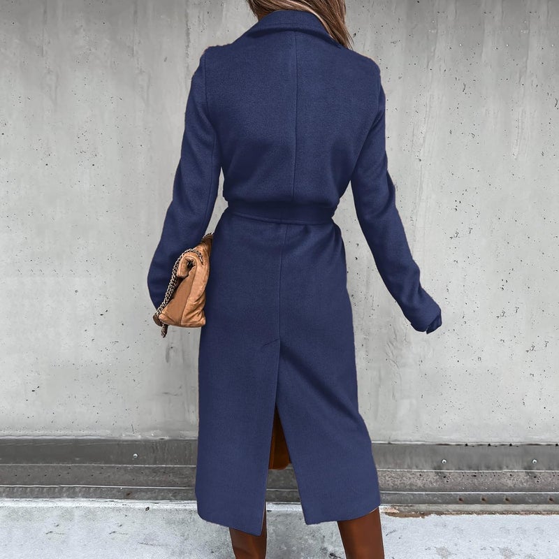 woobles Women's Faux Wool Notch Lapel Double Breasted Trench Belted Mid Long Outwear Winter Coat Slim Long Pea Coat Overcoat Large 004-navy - Image 4