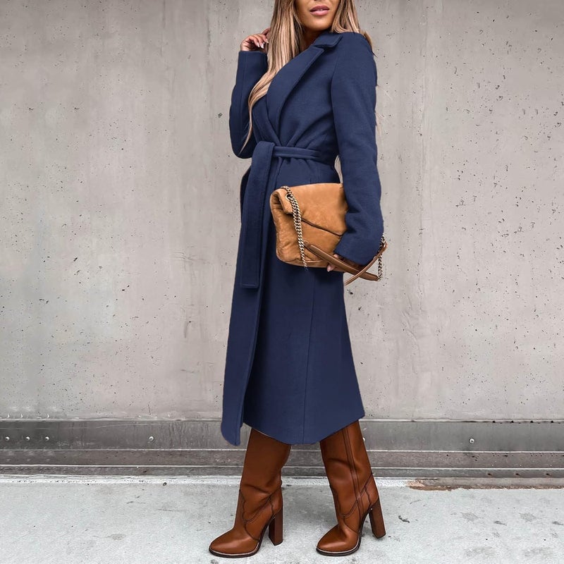 woobles Women's Faux Wool Notch Lapel Double Breasted Trench Belted Mid Long Outwear Winter Coat Slim Long Pea Coat Overcoat Large 004-navy - Image 1
