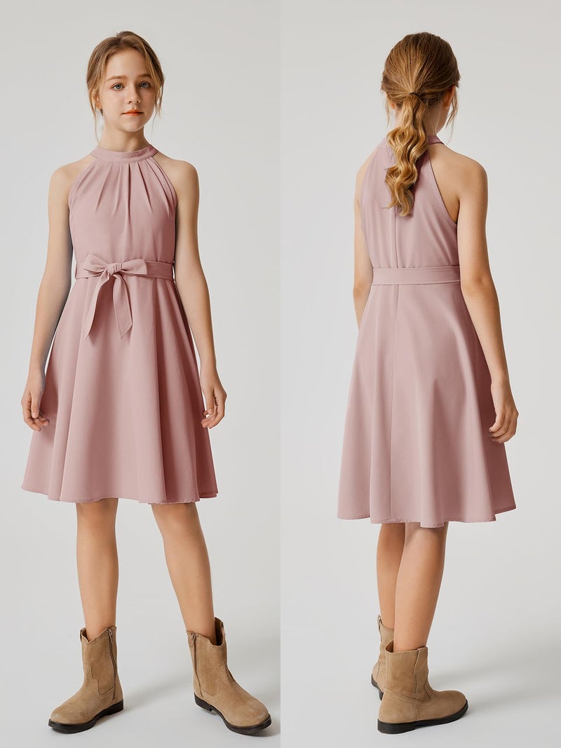 Quedoris Girls Halter Neck Sleeveless Belted Dress with Zipper Grey Pink 140Y - Image 4