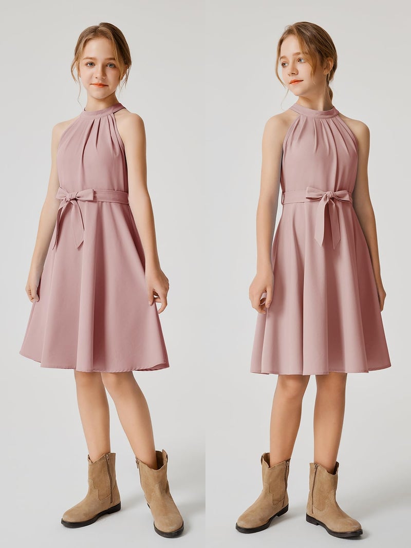 Quedoris Girls Halter Neck Sleeveless Belted Dress with Zipper Grey Pink 140Y - Image 3