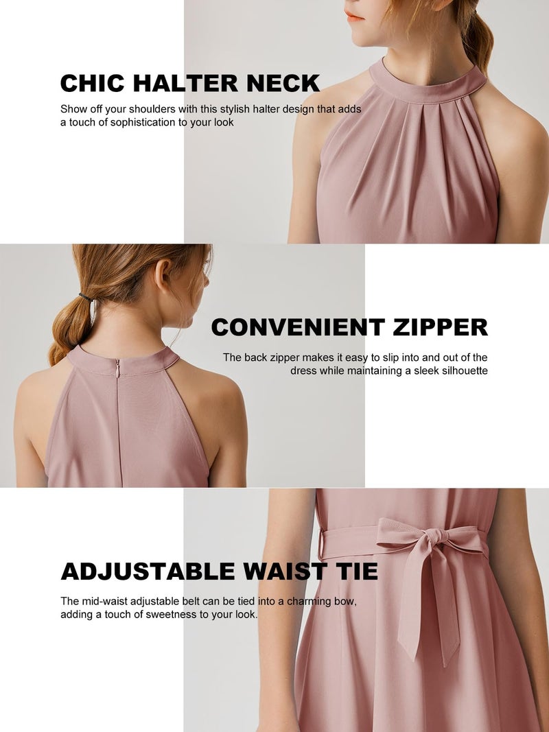 Quedoris Girls Halter Neck Sleeveless Belted Dress with Zipper Grey Pink 140Y - Image 5
