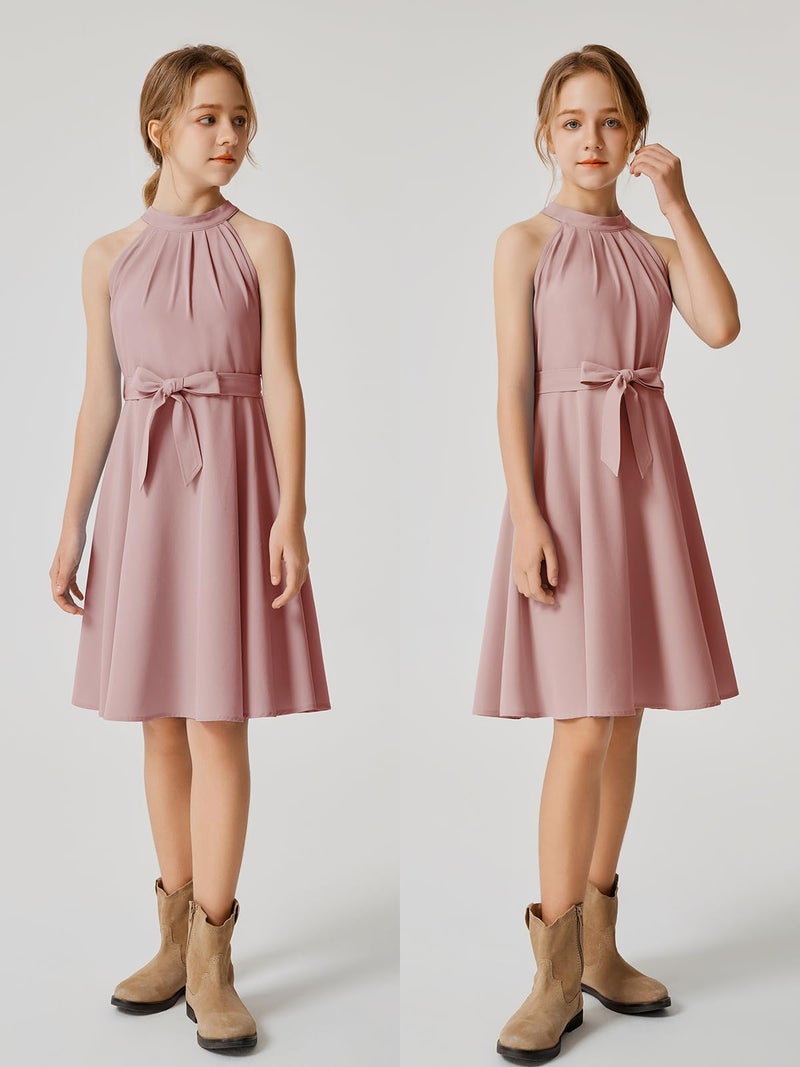 Quedoris Girls Halter Neck Sleeveless Belted Dress with Zipper Grey Pink 140Y - Image 2