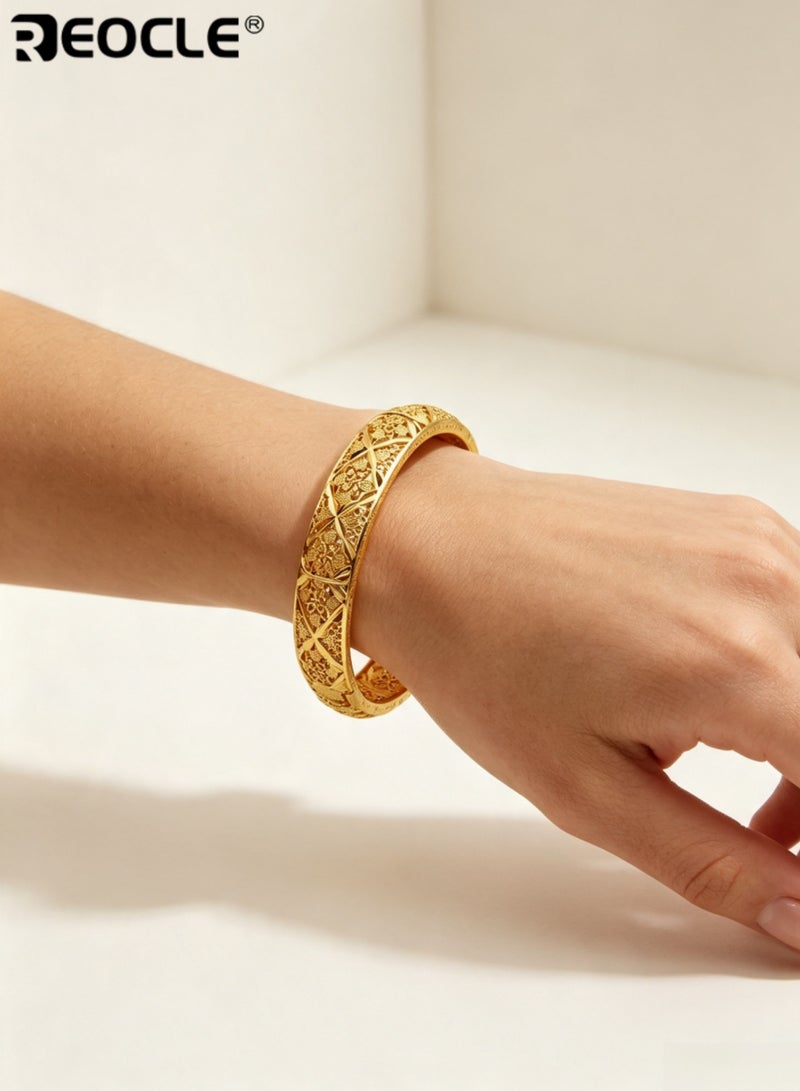 REOCLE Women's Bangle Hollow Floral Filigree Gold‑Tone Bangle Hinged Open‑Clasp Vintage Carved Bracelet for Banquet Wear & Party Wear - Image 2