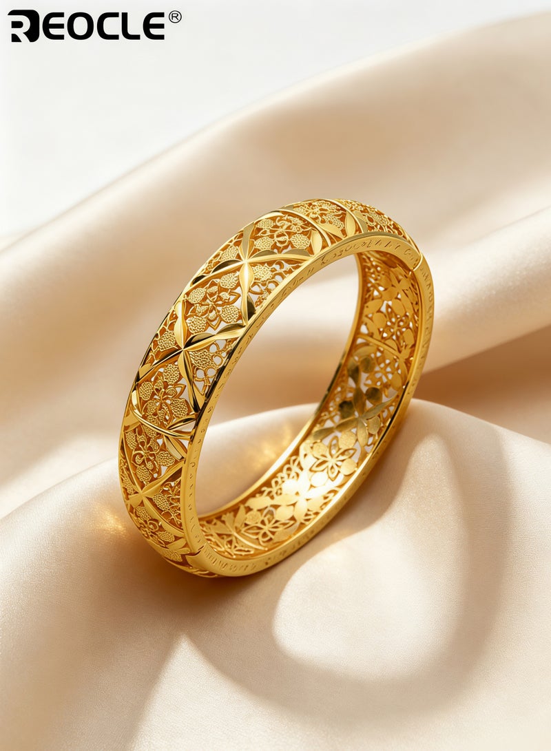 REOCLE Women's Bangle Hollow Floral Filigree Gold‑Tone Bangle Hinged Open‑Clasp Vintage Carved Bracelet for Banquet Wear & Party Wear - Image 4