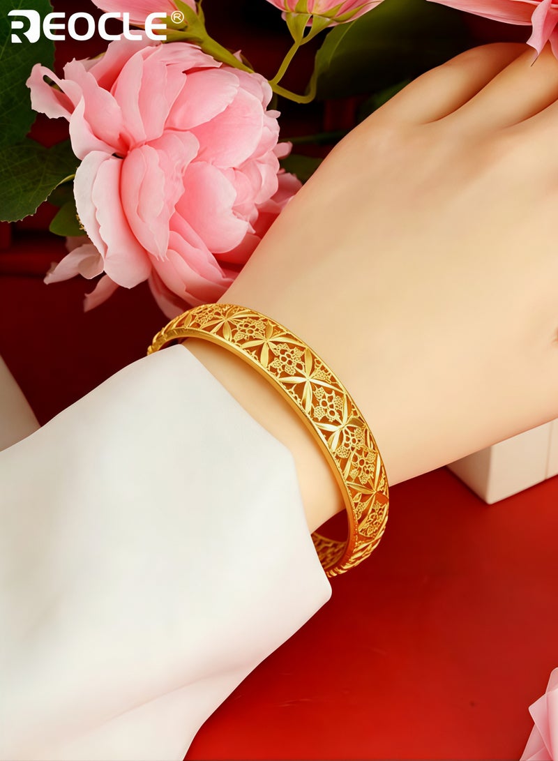 REOCLE Women's Bangle Hollow Floral Filigree Gold‑Tone Bangle Hinged Open‑Clasp Vintage Carved Bracelet for Banquet Wear & Party Wear - Image 3