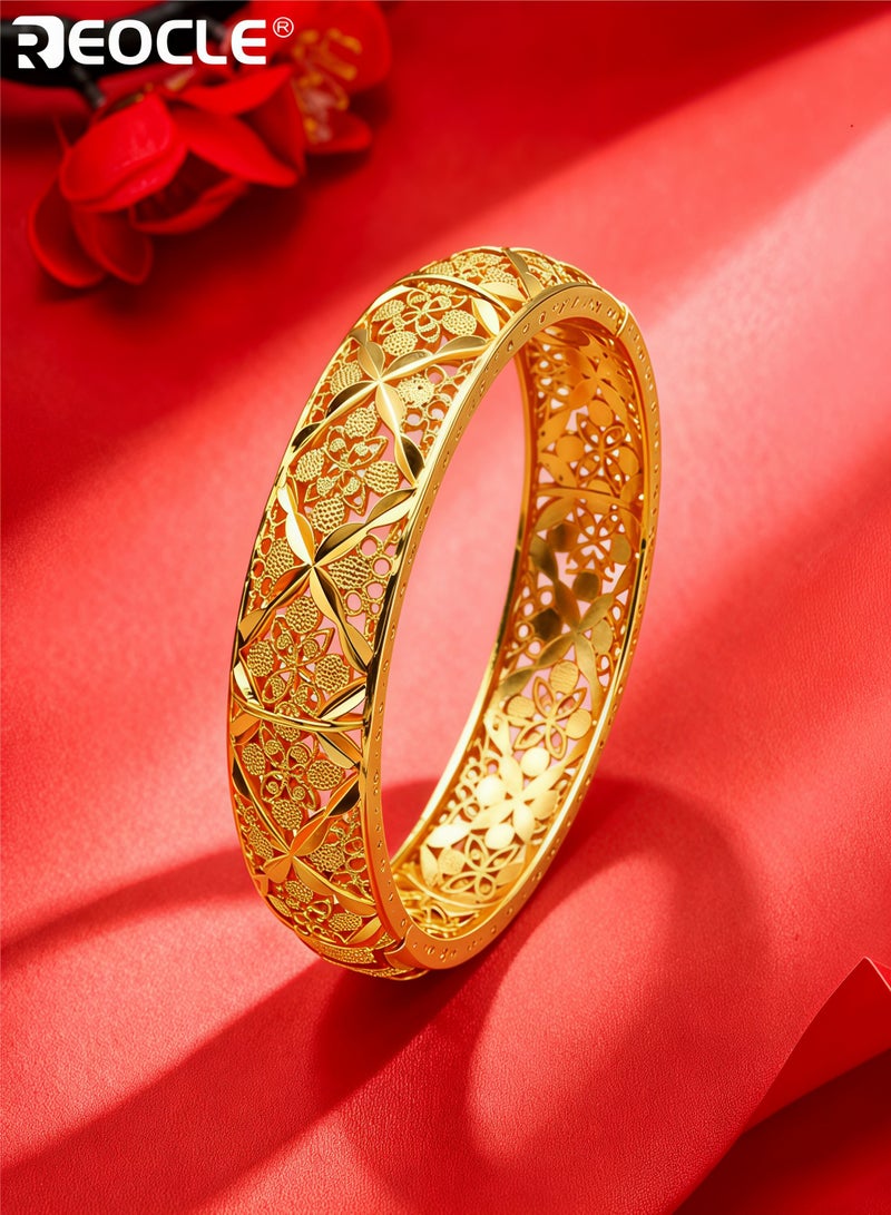 REOCLE Women's Bangle Hollow Floral Filigree Gold‑Tone Bangle Hinged Open‑Clasp Vintage Carved Bracelet for Banquet Wear & Party Wear - Image 5