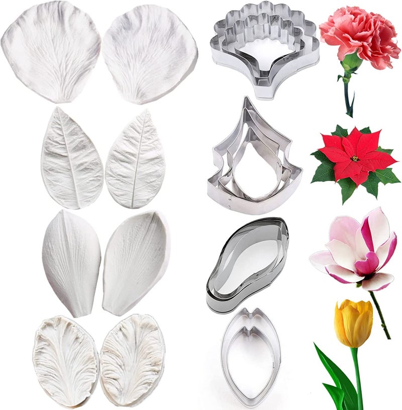 8set Gum Paste Flower Molds and Cutters Fondant Paste Cutter Gumpaste Flower Silicone Molds Sugar Paste Flowers Making Tools for Fondant Wedding Birthday Cake Decorating