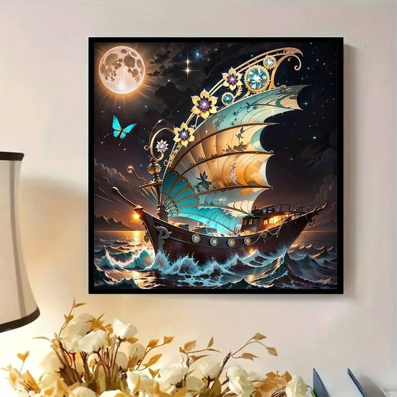 طقم رسم الماس "قارب الزهور في ليلة مقمرة" 5D كامل الحبوب من الكريستال والزركون، مقاس 15.75×15.75 بوصة - Image 4