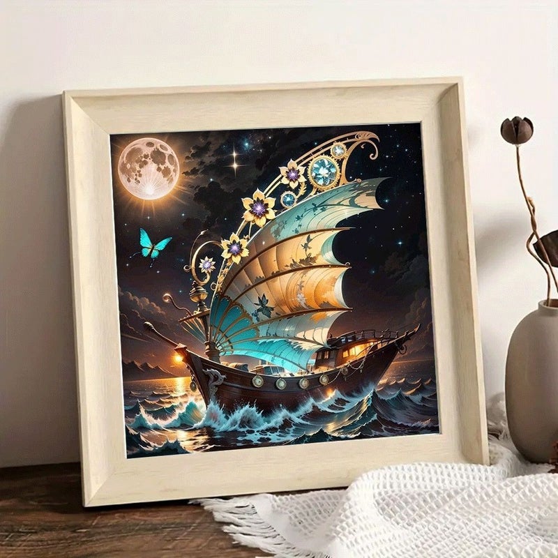 طقم رسم الماس "قارب الزهور في ليلة مقمرة" 5D كامل الحبوب من الكريستال والزركون، مقاس 15.75×15.75 بوصة - Image 2