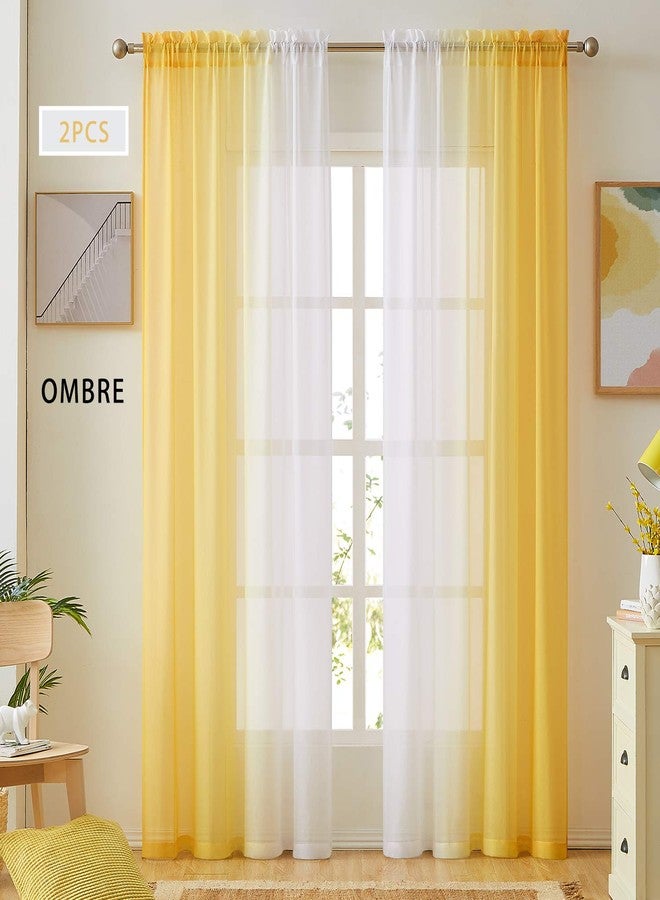 July Joy Ombre Faux Linen Sheer Curtains for Bedroom Living Room Rod Pocket, Privacy and Light Filtering, 2 Tone Reversible Gradient Voile Semi Window Curtains, Set of 2 Panels, Yellow, 54 x 84 Inch Length - Image 1