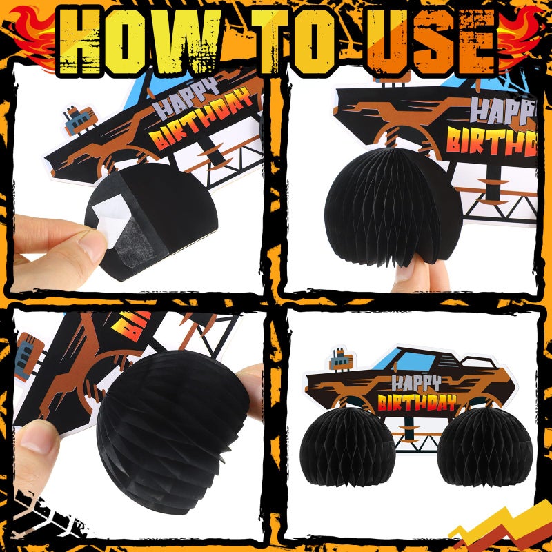 Chivertion 9 Pcs Monster Truck Birthday Party Decorations Honeycomb Car Ornaments Double Sided 3D Blaze Wheels Truck Themed Table Centerpiece for Kids Decor - Image 5