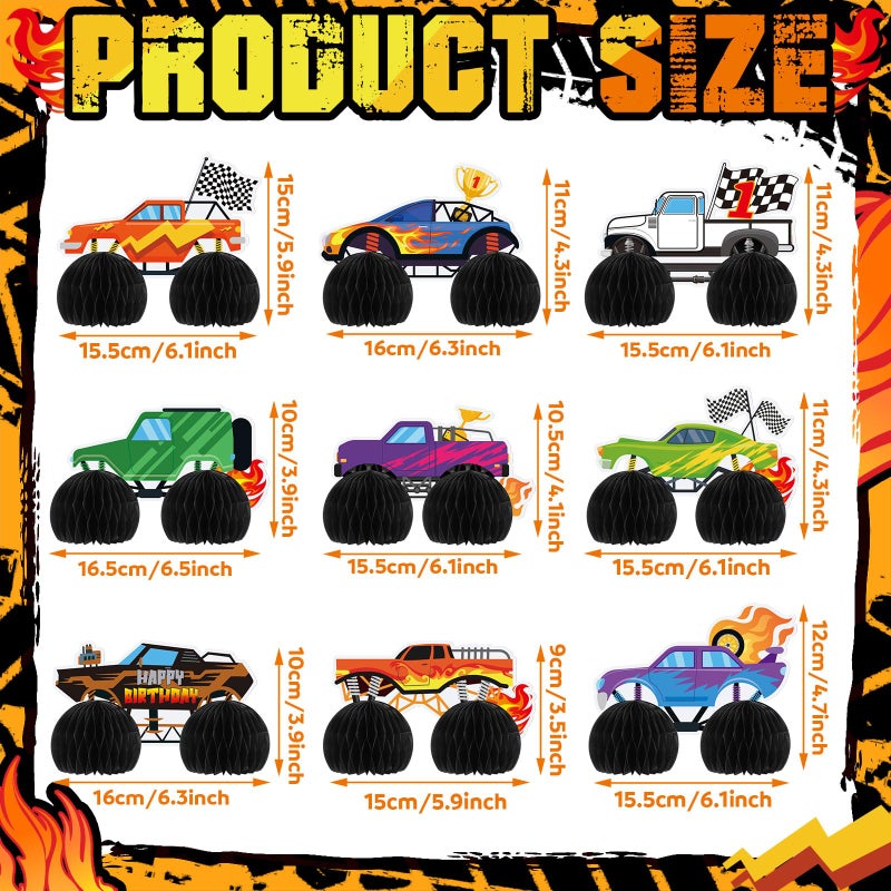 Chivertion 9 Pcs Monster Truck Birthday Party Decorations Honeycomb Car Ornaments Double Sided 3D Blaze Wheels Truck Themed Table Centerpiece for Kids Decor - Image 3