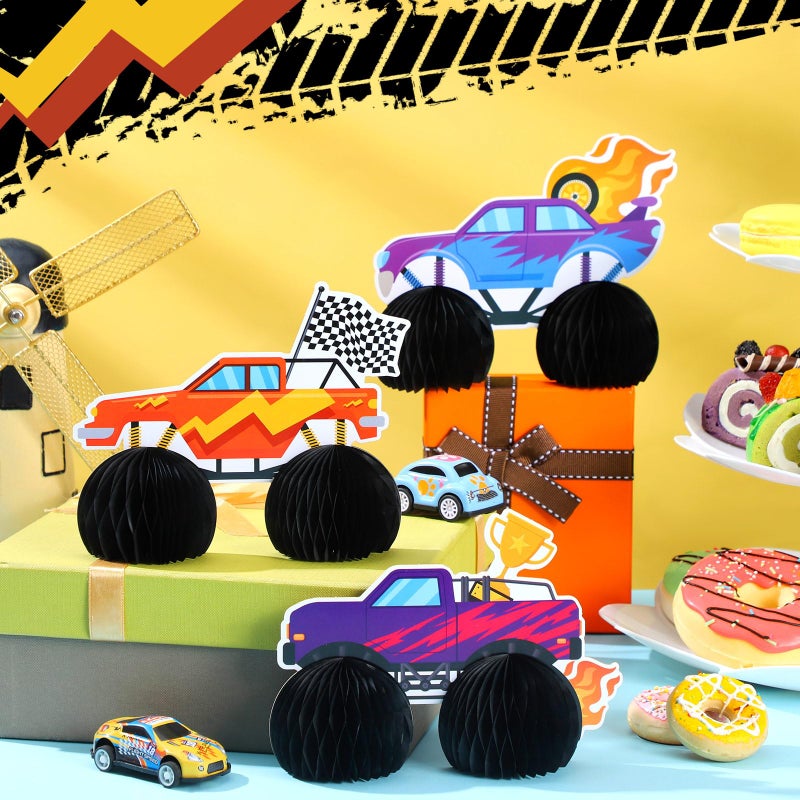 Chivertion 9 Pcs Monster Truck Birthday Party Decorations Honeycomb Car Ornaments Double Sided 3D Blaze Wheels Truck Themed Table Centerpiece for Kids Decor - Image 4
