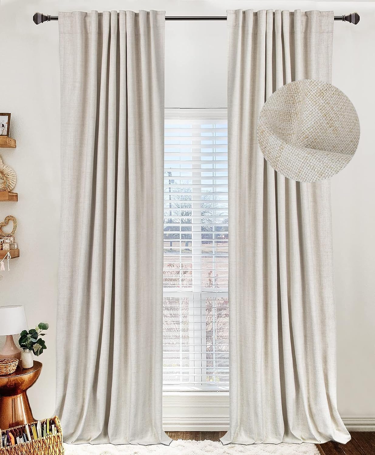 100% Blackout Shield Linen Total Blackout Curtains for Bedroom 96 Inches Long, Back Tab/Rod Pocket Living Room Drapes, Thermal Insulated Blackout Curtains 2 Panels Set, 50" W x 96" L, Cream