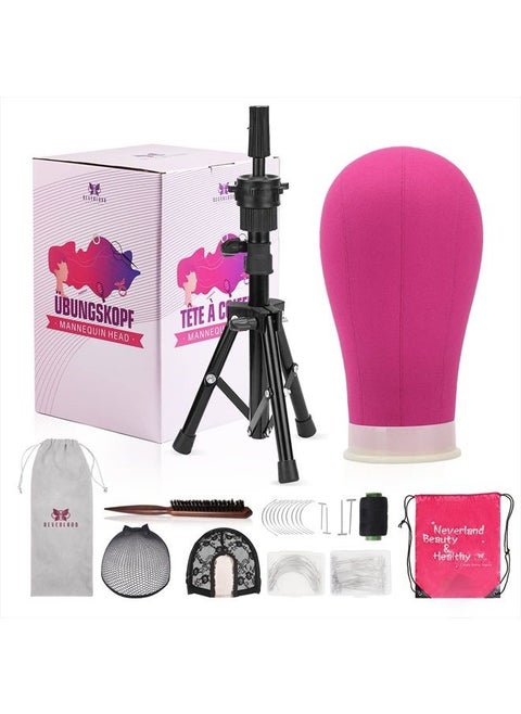 23 Inch Canvas Wig Head,Wig Stand Tripod with Head,Mannequin Head with Stand for Wigs Making Display with T Pins Set Bristle Brush(Rosy)