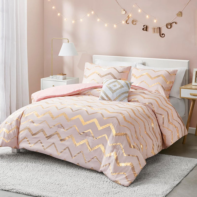 Codi Teen Girl Bedding, Comfy Girls Comforter Sets Full & Queen Size for Kids Bedroom, Pink and Gold, 4 Piece for Teenagers - All Seasons Warm - Image 1