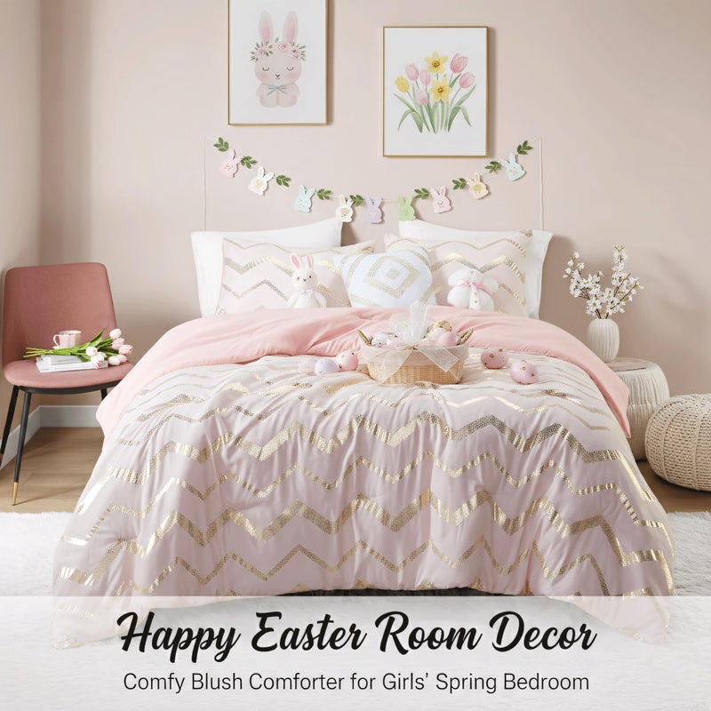 Codi Teen Girl Bedding, Comfy Girls Comforter Sets Full & Queen Size for Kids Bedroom, Pink and Gold, 4 Piece for Teenagers - All Seasons Warm - Image 2