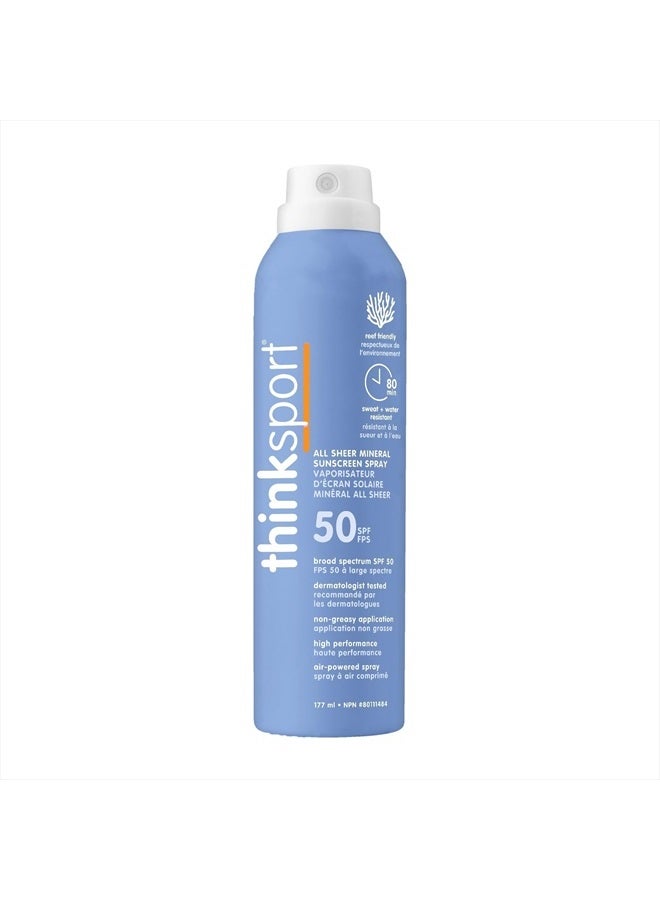Thinksport بخاخ واقي شمس معدني شفاف SPF 50 - لوشن واقي شمس رياضي مقاوم للماء - حماية آمنة وطبيعية من أشعة UVA/UVB بأكسيد الزنك، 6 أونصة سائلة - Image 1