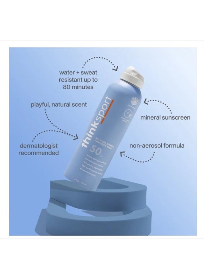 Thinksport بخاخ واقي شمس معدني شفاف SPF 50 - لوشن واقي شمس رياضي مقاوم للماء - حماية آمنة وطبيعية من أشعة UVA/UVB بأكسيد الزنك، 6 أونصة سائلة - Image 5