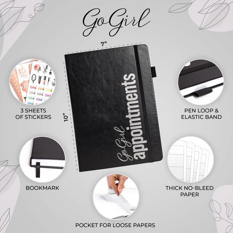GoGirl كتاب مواعيد صالون GoGirl - كتاب حجز لصالونات التجميل، المنتجعات الصحية، مصففي الشعر، خبراء التجميل - مخطط حجز المواعيد، 7x10 بوصة (أسود) - Image 2
