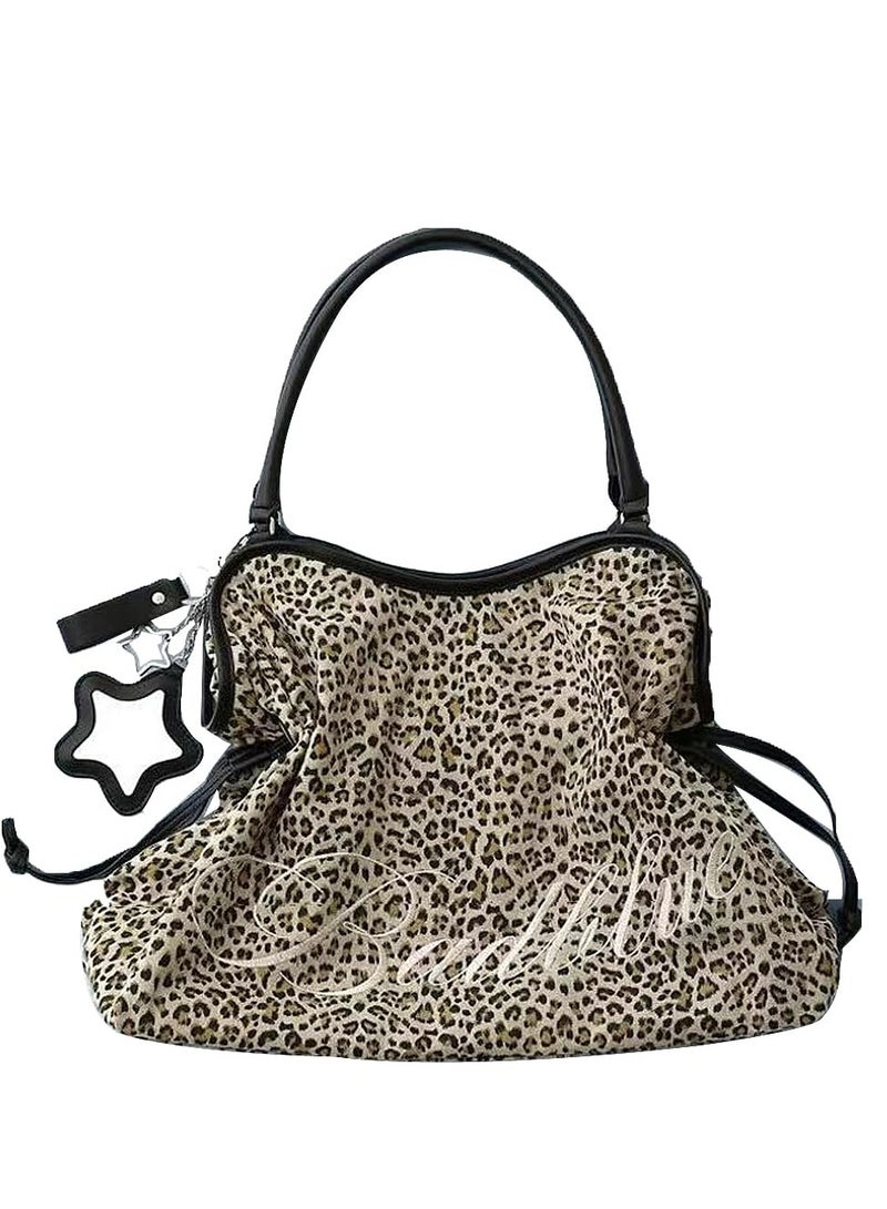 QUARRYUS Women Girls Leopard & Polka Dot Print Drawstring Tote Bag, Fashion Shoulder Bag for Daily School Work, Random Star Charm Included - Image 1