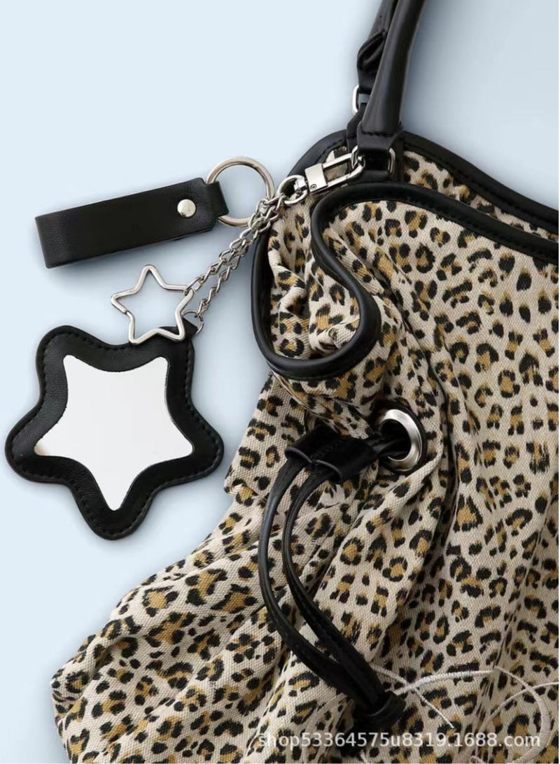 QUARRYUS Women Girls Leopard & Polka Dot Print Drawstring Tote Bag, Fashion Shoulder Bag for Daily School Work, Random Star Charm Included - Image 4