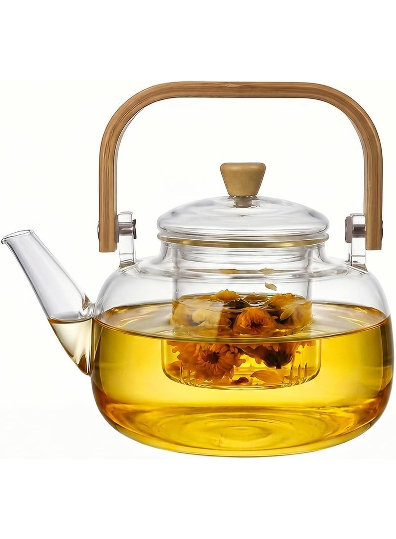 إبريق شاي زجاجي مع مصفاة قابلة للإزالة، زجاج بوروسيليكات، 1500 مل، مقبض خشبي - Image 1