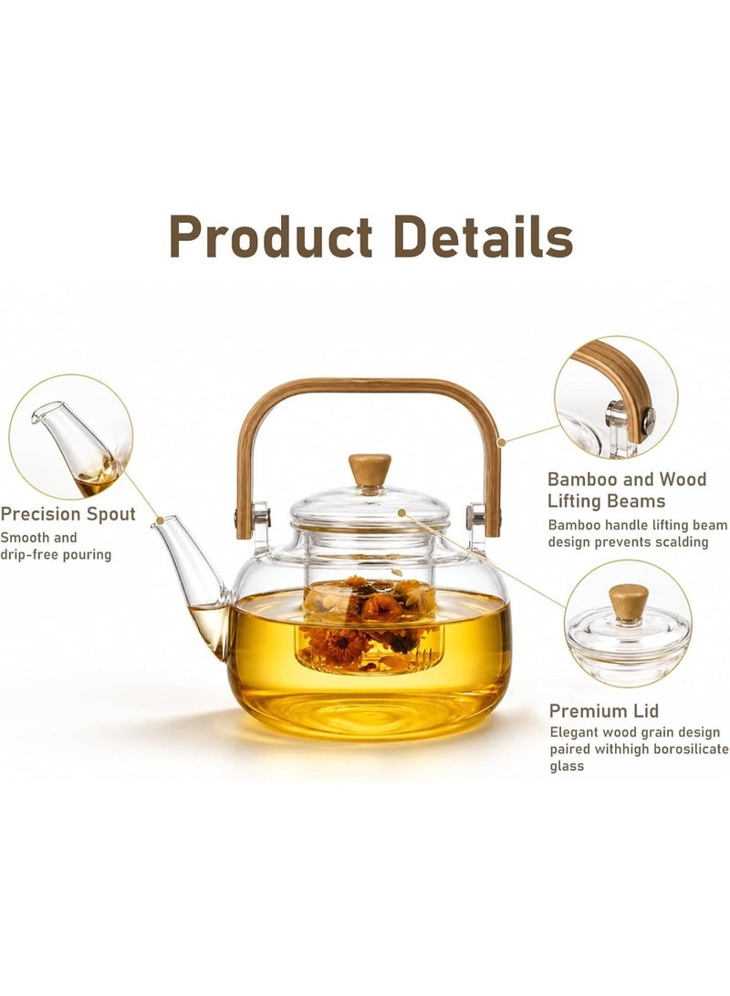 Glass Teapot with Removable Infuser, Borosilicate, 1000 ml, Wooden Handle - Image 2
