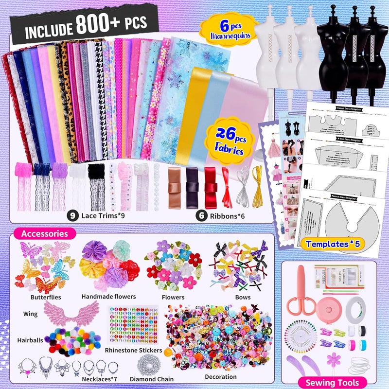 ONE TO FOUR 800+ Pieces - Fashion Design Kit for Girls- Creativity DIY Arts & Crafts Kit Learning Toys with 6 Mannequins Sewing Accessories- Teen Girls Kids Birthday Gift Age 6 7 8 9 10 11 12 - Image 3