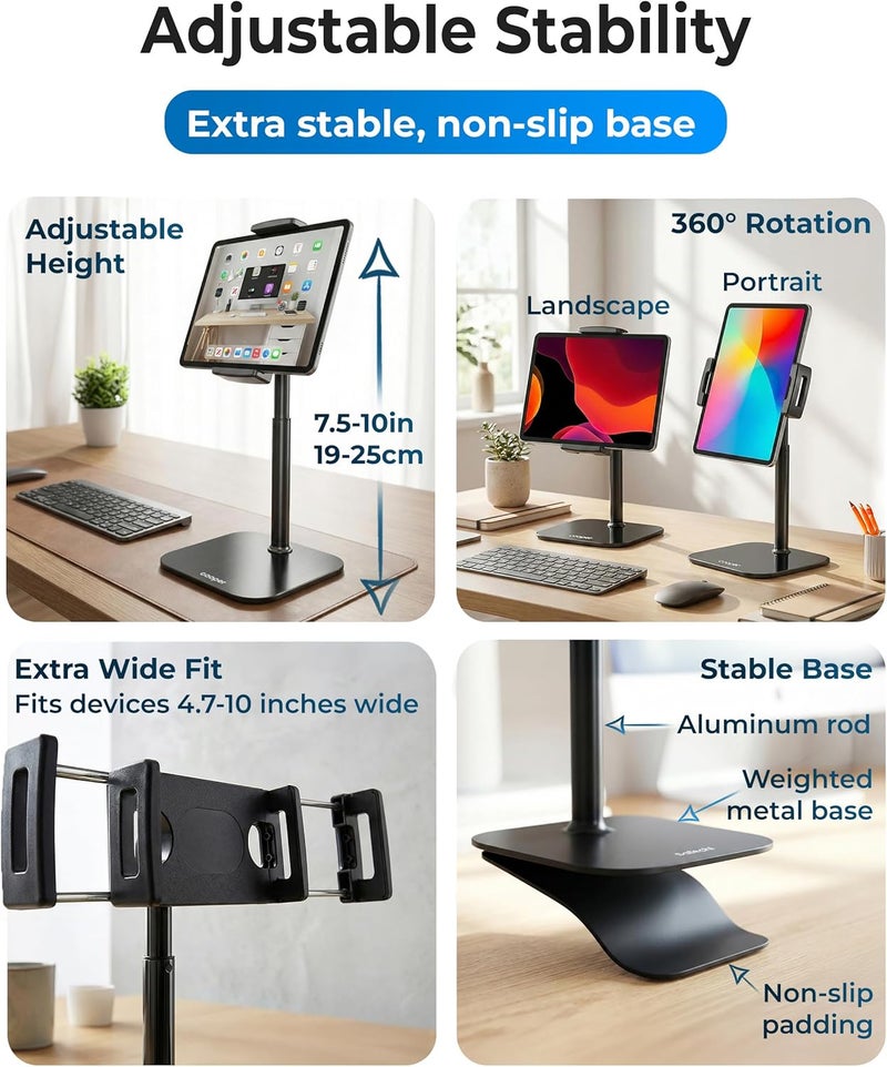 كوبر ��امل TabStand Mini، بارتفاع 10 بوصات قابل للتعديل، حامل أجهزة لوحية للمكتب، حامل شاشة محمول، قبضة قوية، حامل iPad ثلاثي القوائم، حامل أجهزة لوحية، لأجهزة Samsung اللوحية، وقارئات Kindle (أسود) - Image 4