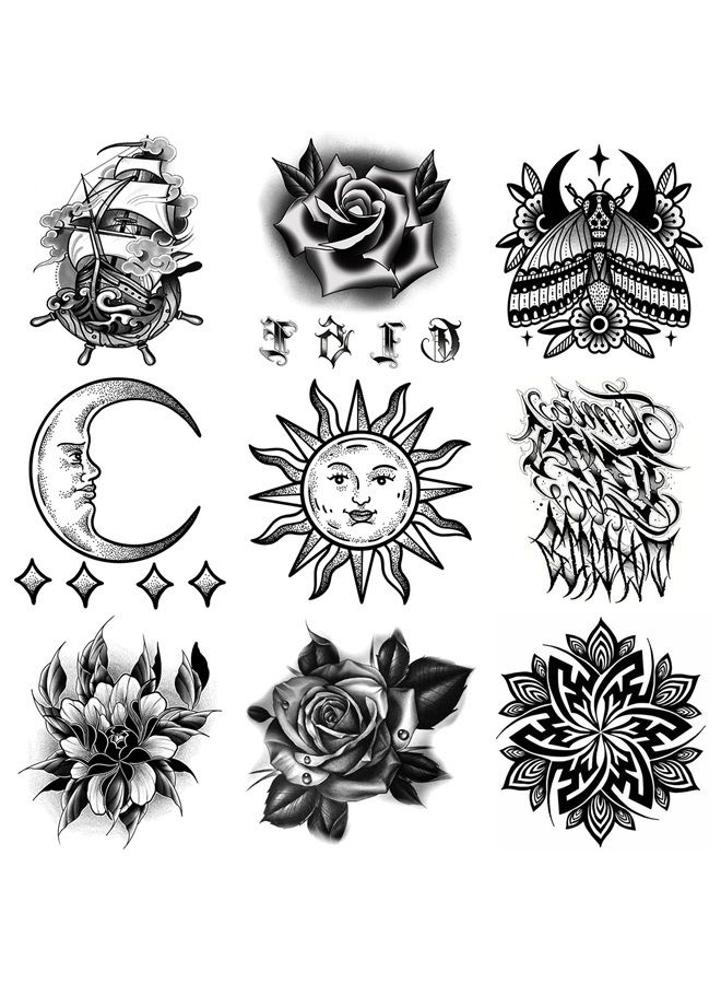 9 Sheets Waterproof Hand Back Temporary Tattoo Stickers, Halloween Black Totem Sun Moon Moth Flower Ship Boat Rose