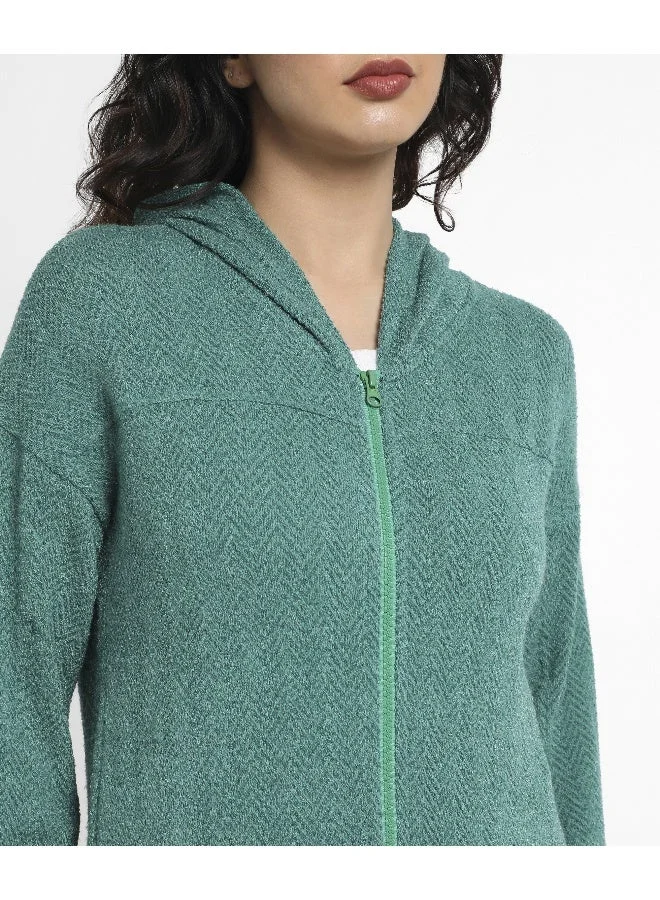 Pinacolada  Women's Teal Green Zip-Front Chevron Hoodie With Elasticated Hem for Women | Best Price UAE