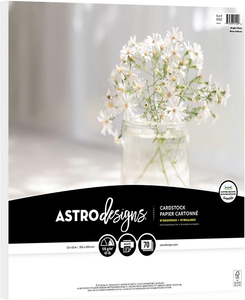 Astrodesigns أسترو ديزاينز ورق مقوى للحرف اليدوية، 12 بوصة × 12 بوصة، 65 رطل/176 جرام للمتر المربع، أبيض لامع، 70 ورقة (91522) - Image 1