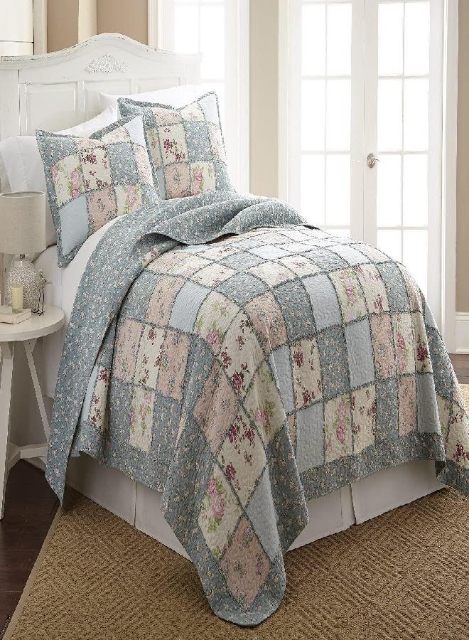 Chezmoi Collection Chezmoi Collection Abbi 3-Piece Shabby Chic Bedding Queen Quilt Set Pre-Washed Cotton Floral Coverlet Bedspread Ruffled Patchwork Quilt Queen Size  - Image 1