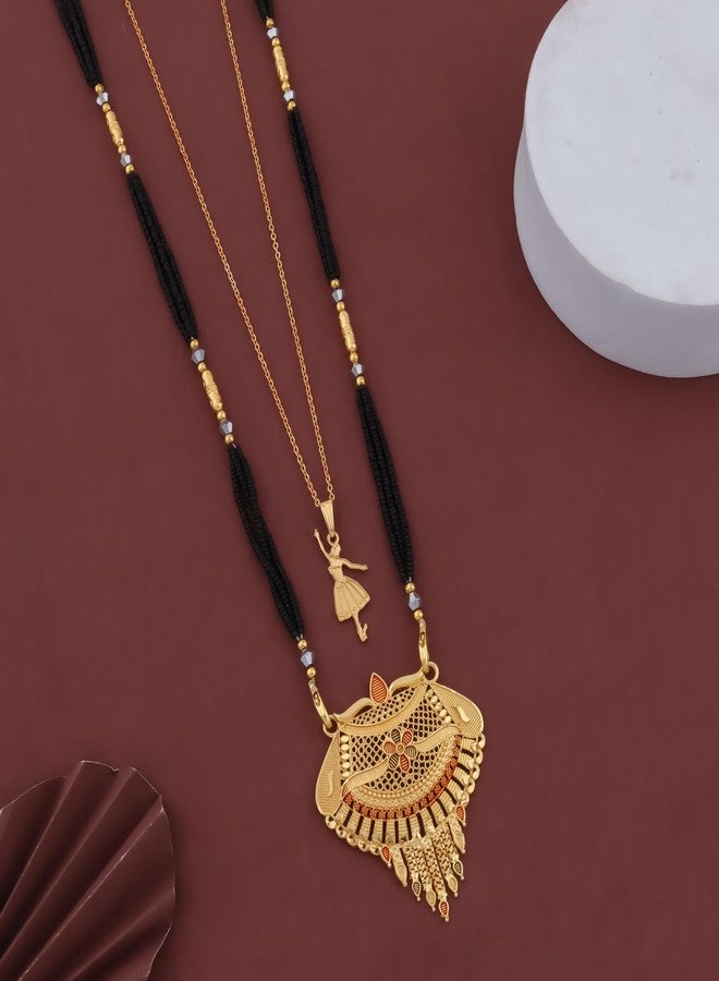 MALKYN Women's Gold Plated Floral Motif Mangalsutra with Red and Green Enamel Accents and Ballerina Pendant Layered Necklace Set, Traditional Black Beaded Wedding Jewelry-MD-054 - Image 2