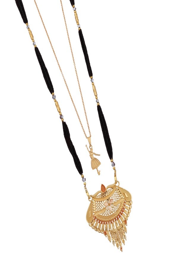 MALKYN Women's Gold Plated Floral Motif Mangalsutra with Red and Green Enamel Accents and Ballerina Pendant Layered Necklace Set, Traditional Black Beaded Wedding Jewelry-MD-054 - Image 1
