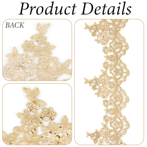 Josojoou 3Yard 5.31in Gold Lace Trim for Sewing, Sequined Gold Lace Ribbon with Sequin Flower Embroidery, Can be Cut Metallic Laces for Sewing, Decoration DIY, Dresses, Gowns, Weddings, Parties - Image 3
