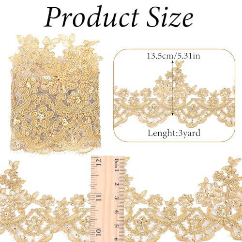 Josojoou 3Yard 5.31in Gold Lace Trim for Sewing, Sequined Gold Lace Ribbon with Sequin Flower Embroidery, Can be Cut Metallic Laces for Sewing, Decoration DIY, Dresses, Gowns, Weddings, Parties - Image 2