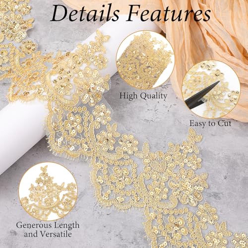 Josojoou 3Yard 5.31in Gold Lace Trim for Sewing, Sequined Gold Lace Ribbon with Sequin Flower Embroidery, Can be Cut Metallic Laces for Sewing, Decoration DIY, Dresses, Gowns, Weddings, Parties - Image 5