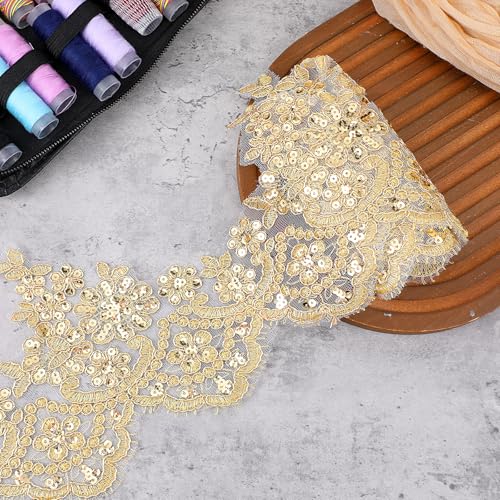 Josojoou 3Yard 5.31in Gold Lace Trim for Sewing, Sequined Gold Lace Ribbon with Sequin Flower Embroidery, Can be Cut Metallic Laces for Sewing, Decoration DIY, Dresses, Gowns, Weddings, Parties - Image 4