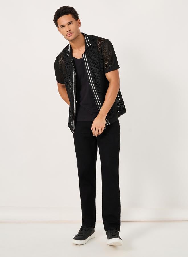 Styli Contrast Border Placket Relaxed Crochet Knit Shirt  - Image 2