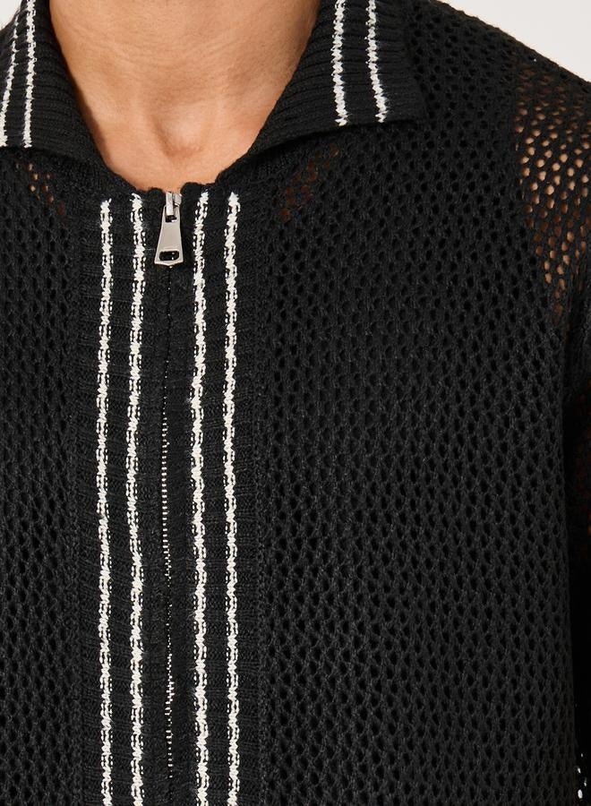 Styli Contrast Border Placket Relaxed Crochet Knit Shirt  - Image 3