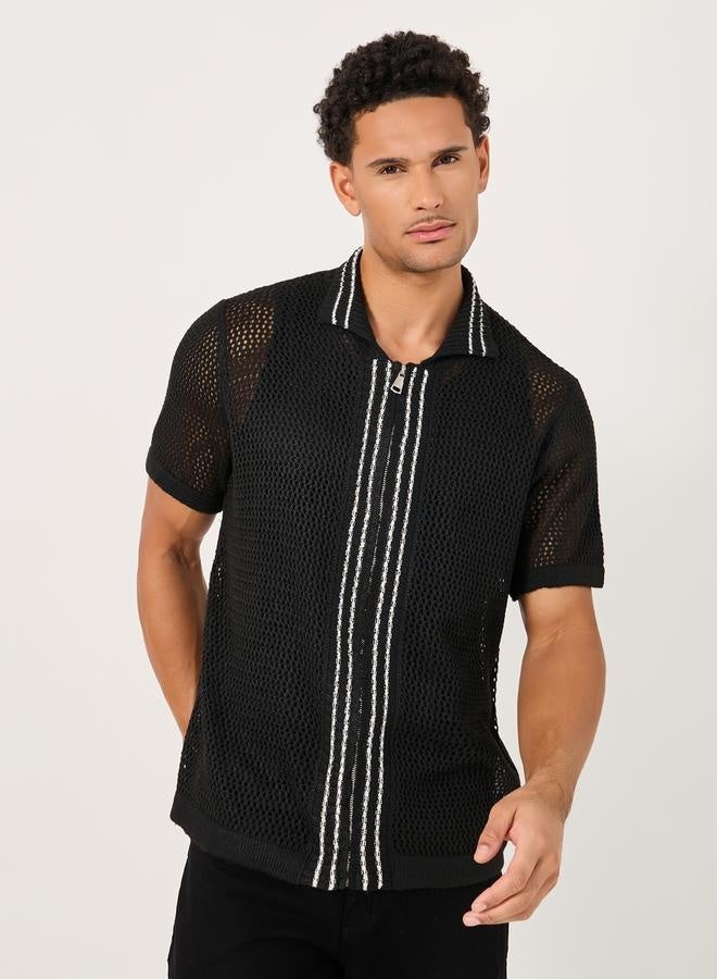 Styli Contrast Border Placket Relaxed Crochet Knit Shirt  - Image 1
