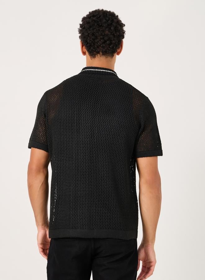 Styli Contrast Border Placket Relaxed Crochet Knit Shirt  - Image 4