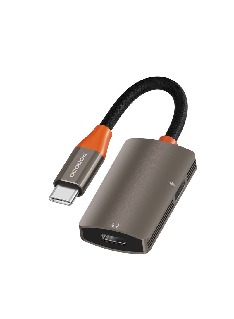 porodo AudioLink Duo USB-C Interface Audio and Charge Splitter PD60W Charging / Type-C Port to Type-C / Male Type-C Port / x2 Female Type-C Port / Plug & Play / Calling and Music Support - Black/Orange - Image 1