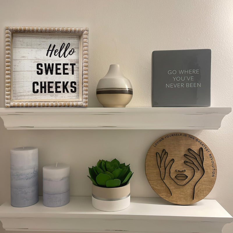 ZLFart Boho Farmhouse Wooden Framed Bathroom Decor Signs, Funny Restroom Decorative Plaque Small Cute, Toilet Rules Shelf Decoration (Hello Sweet Cheeks) - Image 2