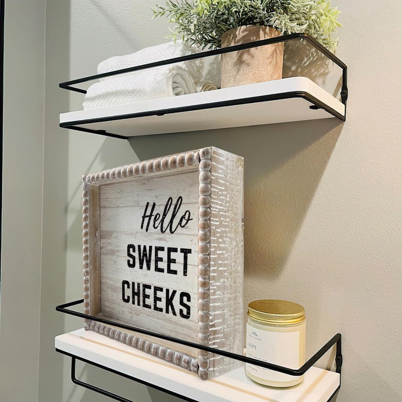 ZLFart Boho Farmhouse Wooden Framed Bathroom Decor Signs, Funny Restroom Decorative Plaque Small Cute, Toilet Rules Shelf Decoration (Hello Sweet Cheeks) - Image 3