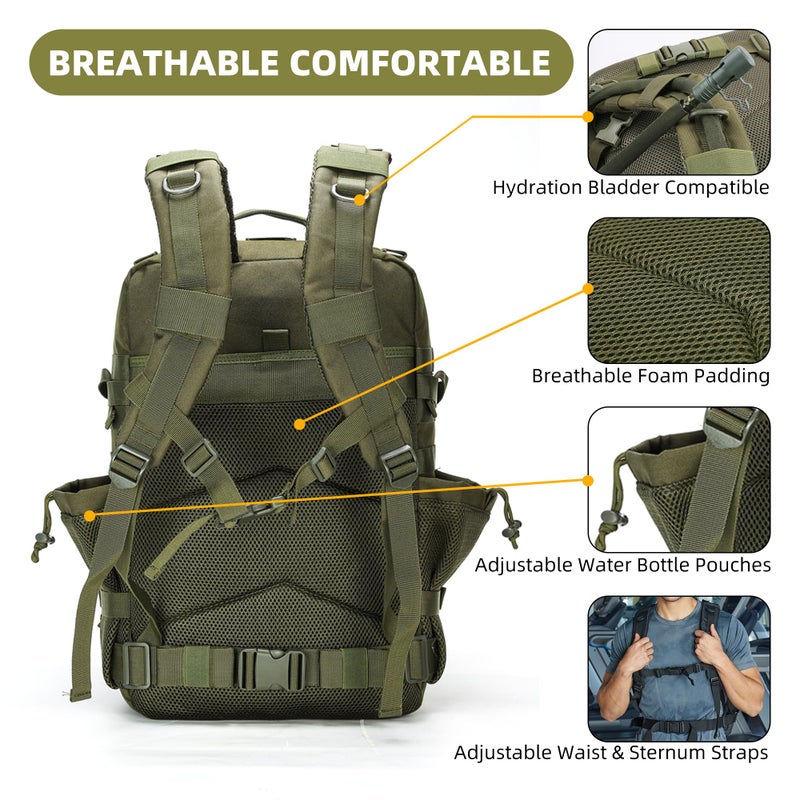 gracedon Tactical Backpack - Military Molle Bag 3 Days Pack for men and Women Large Assault Rucksack 45L (Green) - Image 4