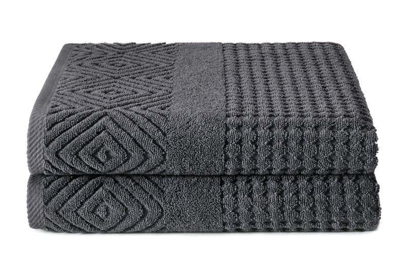 TexereSilk مجموعة مناشف استحمام فاخرة من قطن عضوي 100% بتصميم ماسي جاكار 700 GSM فائقة النعومة والامتصاص بجودة الفنادق والمنتجعات، 2 منشفة استحمام بلون الفحم الماسي - Image 1