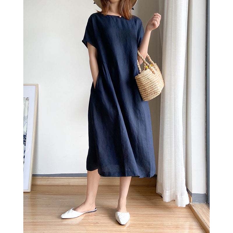 Generic Simple Literary Style Loose Slim Dress Women'S Summer Large Size  Mid-Length Skirt | Best Price KSA | Riyadh, Jeddah